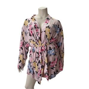 Floral Kimono Robe Nightclub Pink Rose Print Belted Loungewear 1X–2X Soft Cozy